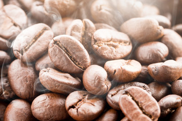 Close up freshly roasted coffee beans.