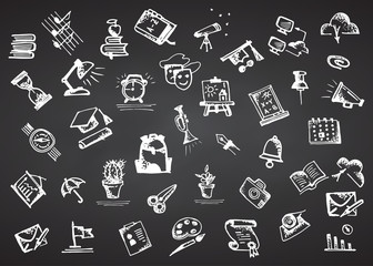 Back to school. Hand drawn school symbol on black chalkboard.