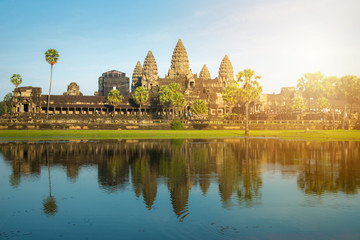 Naklejka premium Angkor Wat the largest religious temple in the world, One of the most famous UNESCO world heritage sites of Siem Reap in Cambodia.
