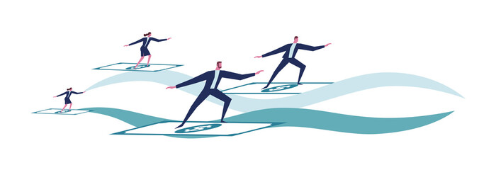 Business man and woman are surfing on dollar.Business concept.