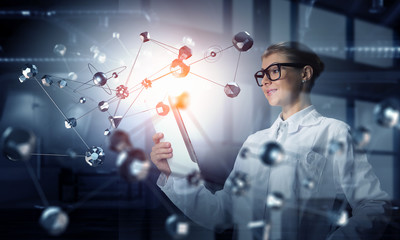 Scientist woman doing research. Mixed media