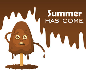 Melting chocolate ice cream on a stick with emotions. Melting chocolate with drops, text on the object 