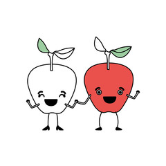 white background with silhouette color sections with pair of apple fruits caricature vector illustration