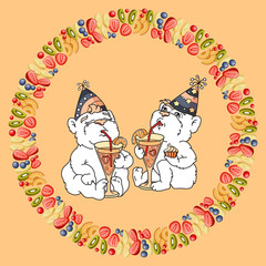 Two cute bears are drinking a fruit cocktail.