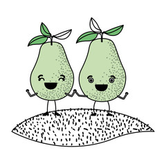 white background with silhouette color sections with pair of pear fruits caricature over grass vector illustration