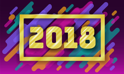 New year 2018 Greeting Card Template. Motion Dynamic Shapes Material Design. Colorful geometric background golden number. Purple pink green color vector illustration