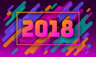 New year 2018 Greeting Card Template. Motion Dynamic Shapes Material Design. Colorful geometric background gradient number. Purple pink green color vector illustration