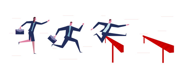 A businessman jumping higher over hurdle . A businessman running with laptop. Business concept.