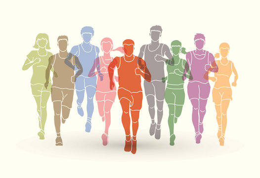 Marathon runners, Group of people running, Men and women running designed using colorful graphic vector.