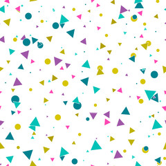 Fototapeta na wymiar Abstract seamless pattern with messy colorful blue, gold, purple chaotic small circles, triangles on white background. Infinity dotted, triangular geometric card. Vector illustration.