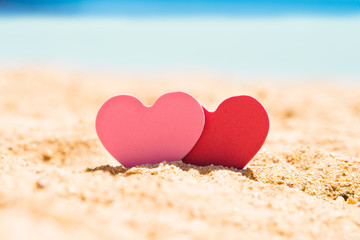 Fototapeta premium Two Hearts In Sand At Beach