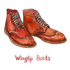 Brown leather wingtip boots, isolated with inscription, hand painted watercolor illustration