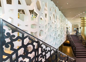 Hotel lobby with stairs