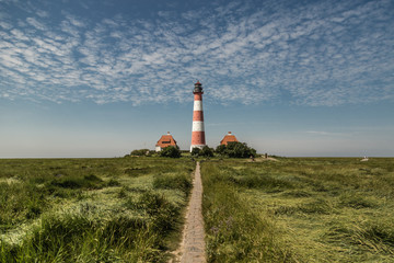 Westerhever lighthouse at North Sea coast, Germany 