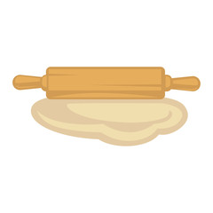 Flat dough and wooden rolling pin isolated illustration