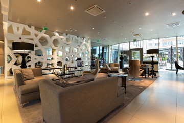 Hotel entrance, lobby interior