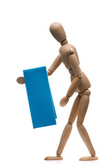 wooden man holds a kinesio tape. Kinesiotaping concept