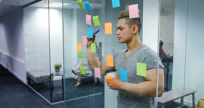 Male executive writing on stick notes
