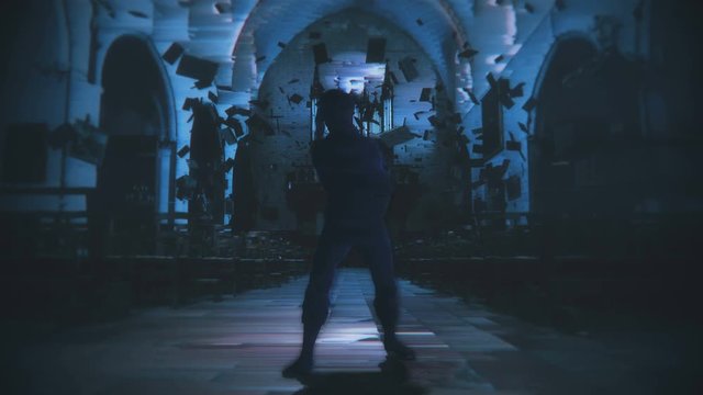 A glitching, digital creature walks terrifyingly towards camera among floating bibles in an abandoned church. 3D animation featuring stylized distortion in 4K with broadcast quality color depth.