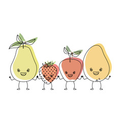 white background with watercolor silhouette set fruits pear strawberry and mango in caricature vector illustration