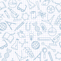Seamless pattern on the theme of science and inventions, diagrams, charts, and equipment,a simple contour icons, dark blue outline on a light background in a cage