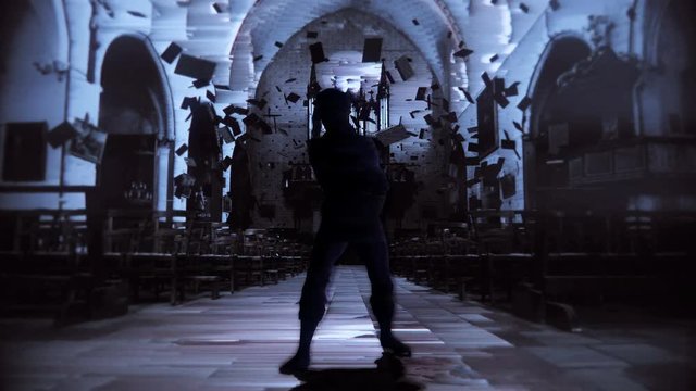 A glitching, digital creature walks terrifyingly towards camera among floating bibles in an abandoned church. 3D animation featuring stylized distortion in 4K with broadcast quality color depth.