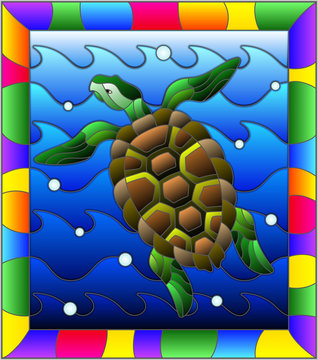 Illustration in stained glass style turtle into the waves and bubbles of air in a bright frame
