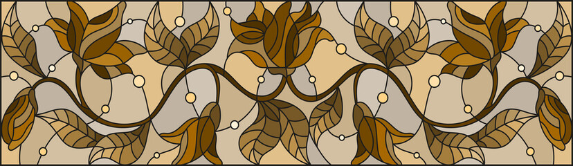 Illustration in stained glass style with  flowers, monochrome, Sepia, horizontal orientation