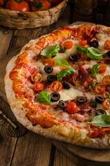 Rustic pizza with tomato, cheese, salami