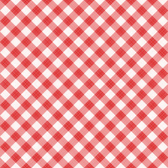 Seamless (you see 4 tiles) red diagonal gingham cloth, tablecloth, pattern, swatch, background, or wallpaper with fabric texture visible 
