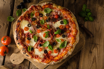 Rustic pizza with tomato, cheese, salami