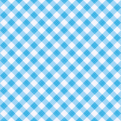 Seamless (you see 4 tiles) blue diagonal gingham cloth, tablecloth, pattern, swatch, background, or wallpaper with fabric texture visible 
