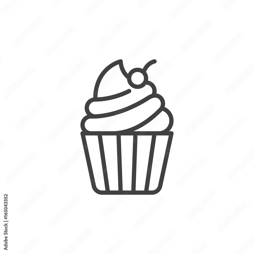 Wall mural cupcake with cherry on top line icon, outline vector sign, linear style pictogram isolated on white. - Wall murals
