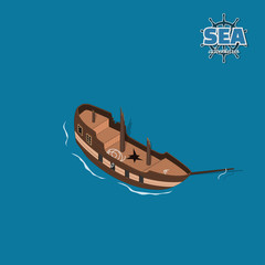 Broken sailer on a blue background. Sailboat in isometric style. 3d illustration of ancient ship. Pirate game. Vector illustration