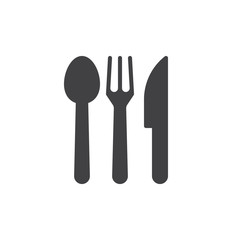 Spoon, fork, knife. Cutlery icon vector, filled flat sign, solid pictogram isolated on white. Food, restaurant symbol, logo illustration. Pixel perfect vector graphics