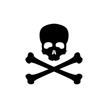 Black silhouette of skull and bones on white background. Pirate flag Jolly Roger. Poison Icon