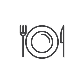 Dish, fork, knife line icon, outline vector sign, linear style pictogram isolated on white. Food symbol, logo illustration. Editable stroke. Pixel perfect vector graphics