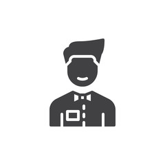 Person with bow tie icon vector, filled flat sign, solid pictogram isolated on white. Waiter symbol, logo illustration. Pixel perfect vector graphics