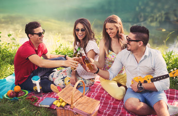Young people having picnic near the river. Young friends relaxing by the river