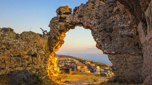 Old Castle and Sea, Scalea, Calabria, South Italy, Time Lapse, 4k