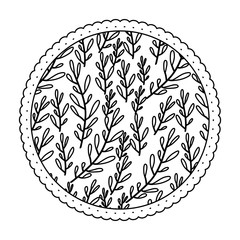 monochrome round frame with pattern of branches with ovoid leaf vector illustration