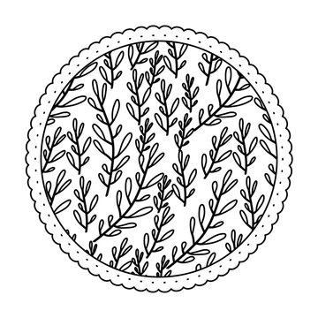 monochrome round frame with pattern of branches with ovoid leaf vector illustration