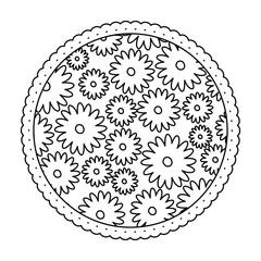 white background with monochrome circular frame with pattern of daisy flowers vector illustration