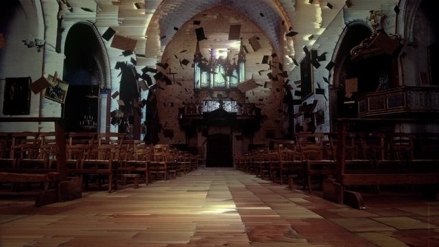 Bibles float in a haunted church. 3D animation featuring stylized distortion to represent the presence of something unholy. 4K with broadcast quality color depth.