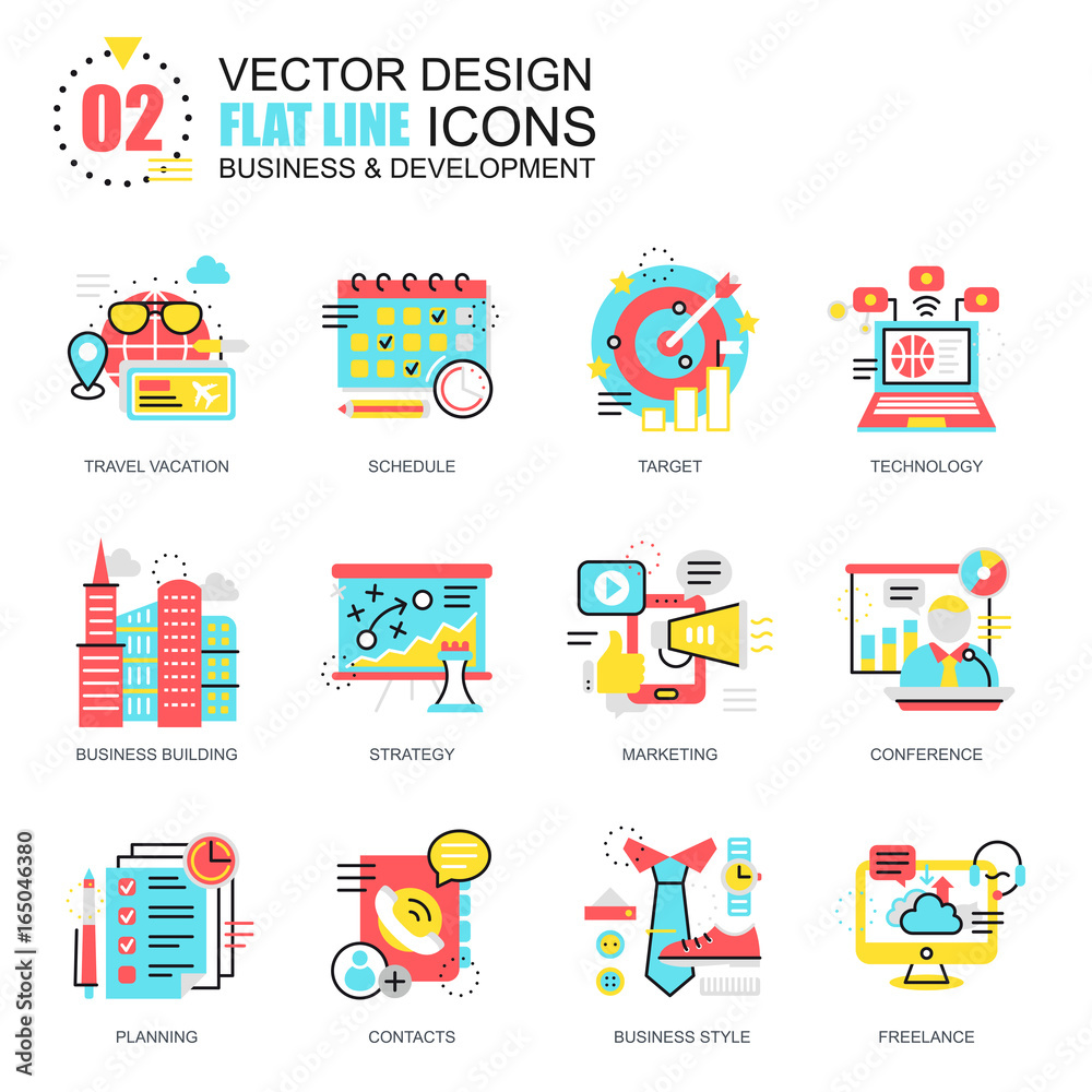 Poster Flat line business and development icons concepts set for website and mobile site and apps. Marketing tactics, planning working goals. New style flat simple pictogram pack. Vector illustration.