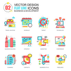 Fototapeta premium Flat line business and development icons concepts set for website and mobile site and apps. Marketing tactics, planning working goals. New style flat simple pictogram pack. Vector illustration.