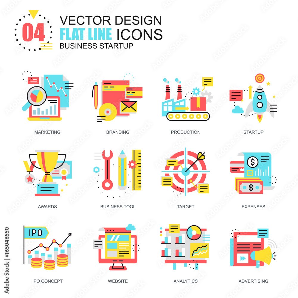 Poster flat line new business launch icons concepts set for website and mobile site and apps. startup devel