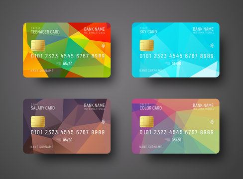 set of templates of a credit (debit) bank card with a colored polygonal abstract background for different levels