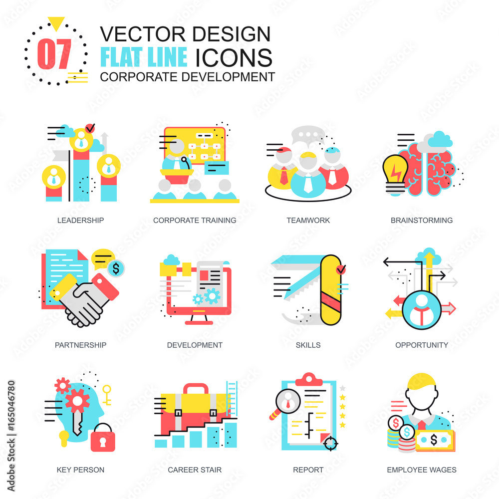 Poster flat line corporate development icons concepts set for website and mobile site and apps. leadership 