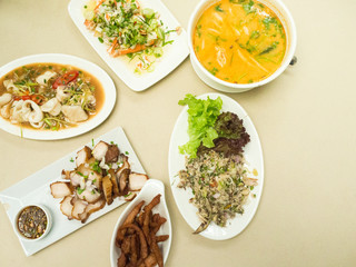 Asian food served on the table, top view, Thai food.